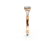 3 Stone Engagement Ring Setting for Cushion Cut Center with Tapered Baguettes, Plain Band and Prong Head in Rose Gold