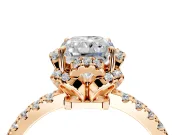 Halo Engagement Ring Setting for Radiant Cut Center with Openwork Halo, Pave Band and Prong Head in Rose Gold