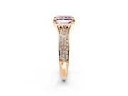Solitaire Engagement Ring Setting for Fancy Pink Radiant Cut Center with Multi-Row Pave Accents and Basket Head in Rose Gold