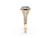 Halo Engagement Ring Setting for Fancy Blue Radiant Cut Center with Pave Split Shank and Prong Head in Yellow Gold