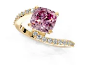 Solitaire Engagement Ring Setting for Fancy Pink Cushion Cut Center with Pave Bypass Swirl Band and Prong Head in Yellow Gold