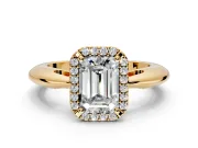 Halo Engagement Ring Setting for Emerald Cut Center with Tapered Plain Band and Prong Head in Yellow Gold