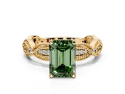 Solitaire Engagement Ring Setting for Fancy Green Emerald Cut Center with Marquise Panel Band and Prong Head in Yellow Gold