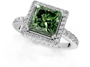 Halo Engagement Ring Setting for Fancy Green Princess Cut Center with Inner Milgrain Border and Prong Head in White Gold