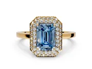 Halo Engagement Ring Setting for Fancy Blue Emerald Cut Center with Plain Tapered Band and Prong Head in Yellow Gold