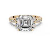 Paired Accent Engagement Ring Setting for Asscher Cut Center with Pave Band and Prong Head in Yellow Gold