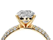 Solitaire Engagement Ring Setting for Cushion Cut Center with Domed Multi-Row Pave Band and Prong Head in Yellow Gold