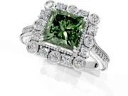 Milgrain Halo Engagement Ring Setting for Fancy Green Princess Cut Center with Bezel Point Accents and Prong Head in Platinum