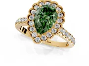 Milgrain Floral Halo Engagement Ring Setting for Fancy Green Pear-Shaped Center with Pave Band and Prong Head in Yellow Gold