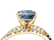 Solitaire Engagement Ring Setting for Fancy Blue Princess Cut Center with Woven 3-Strand Pave Band and Prong Head in Yellow Gold