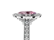 Halo Engagement Ring Setting for Fancy Pink Oval Center with Milgrain Pave Band and Bezel Head in Sterling Silver