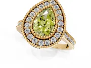 Halo Engagement Ring Setting for Fancy Yellow Pear-Shaped Center with Milgrain Frame, Pave Band and Prong Head in Yellow Gold