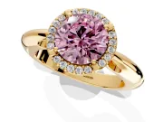 Halo Engagement Ring Setting for Fancy Pink Round Cut Center with Tapered Plain Band and Prong Head in Yellow Gold