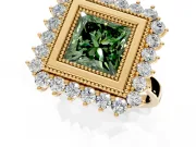 Halo Engagement Ring Setting for Fancy Green Princess Cut Center with Milgrain Bezel Rim, Plain Band and Prong Head in Yellow Gold