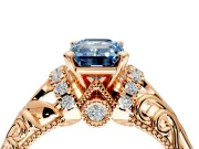 Solitaire Engagement Ring Setting for Fancy Blue Emerald Cut Center with Filigree Accent Basket and Prong Head in Rose Gold
