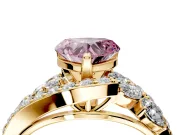 Halo Engagement Ring Setting for Fancy Pink Heart-Shaped Center with Marquise and Pave Bypass Band and Prong Head in Yellow Gold