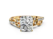 Leaf Motif Engagement Ring Setting for Radiant Cut Center with Pave Band and Prong Head in Yellow Gold