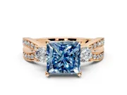 3 Stone Engagement Ring Setting for Fancy Blue Princess Cut Center with Pave Twist Band and Prong Head in Rose Gold
