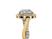 Halo Engagement Ring Setting for Cushion Cut Center with Twist Band and Prong Head in Yellow Gold