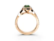 Halo Engagement Ring Setting for Fancy Green Emerald Cut Center with Narrow Pave Split Shank and Prong Head in Rose Gold