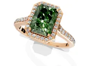 Halo Engagement Ring Setting for Fancy Green Radiant Cut Center with Pave Accents, Heart Basket and Prong Head in Rose Gold