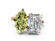 Fancy Yellow Marquise and Emerald Cut Lab-Grown Diamond Toi et Moi Engagement Ring with Prong-Set Stones in Yellow Gold