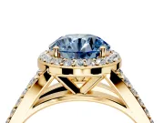 Halo Engagement Ring Setting for Fancy Blue Round Cut Center with Narrow Pave Split Shank and Prong Head in Yellow Gold