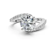 Solitaire Engagement Ring Setting for Round Cut Center with Pave Bypass Swirl Band and Prong Head in Sterling Silver