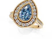 Halo Engagement Ring Setting for Fancy Blue Pear-Shaped Center with Milgrain Frame, Pave Band and Prong Head in Yellow Gold