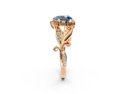 Halo Engagement Ring Setting for Fancy Blue Heart-Shaped Center with Leaf Motif Split Shank and Prong Head in Rose Gold