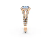 Halo Engagement Ring Setting for Fancy Blue Asscher Cut Center with Narrow Pave Split Shank and Prong Head in Rose Gold