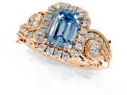 Milgrain Halo Engagement Ring Setting for Fancy Blue Emerald Cut Center with Shoulder Bezels and Prong Head in Rose Gold