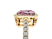 Accent Halo Engagement Ring Setting for Fancy Pink Radiant Cut Center with Full-Length Pave Band and Prong Head in Yellow Gold