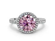 Accent Halo Engagement Ring Setting for Fancy Pink Round Cut Center with Full-Length Pave Band and Prong Head in Sterling Silver