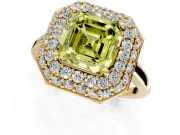 Halo Engagement Ring Setting for Fancy Yellow Asscher Cut Center with Plain Tapered Band and Prong Head in Yellow Gold