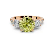3 Stone Engagement Ring Setting for Fancy Yellow Round Cut Center with Crossover Basket, Pave Band and Prong Head in Rose Gold