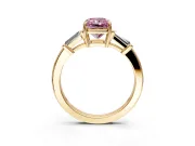 3 Stone Engagement Ring Setting for Fancy Pink Radiant Cut Center with Baguette Accents and Prong Head in Yellow Gold
