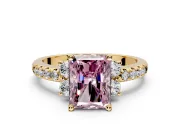 Paired Accent Engagement Ring Setting for Fancy Pink Radiant Cut Center with Pave Band and Prong Head in Yellow Gold