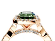 Halo Engagement Ring Setting for Fancy Green Emerald Cut Center with Twist Band and Prong Head in Rose Gold