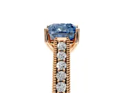 Solitaire Engagement Ring Setting for Fancy Blue Cushion Cut Center with Engraved Pave Band and Prong Head in Rose Gold