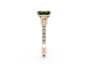 3 Stone Engagement Ring Setting for Fancy Green Emerald Cut Center with Round Cut Side Accents and Prong Head in Rose Gold