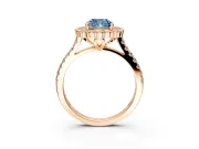 Milgrain Floral Halo Engagement Ring Setting for Fancy Blue Cushion Cut Center with Pave Band and Prong Head in Rose Gold