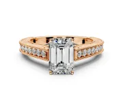Solitaire Engagement Ring Setting for Emerald Cut Center with Engraved Pave Band and Prong Head in Rose Gold