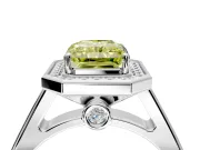 Halo Engagement Ring Setting for Fancy Yellow Emerald Cut Center with Outer Bezel Rim, Pave Band and Prong Head in Sterling Silver