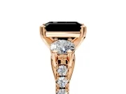 3 Stone Engagement Ring Setting for Fancy Black Emerald Cut Center with Crossover Basket, Pave Band and Prong Head in Rose Gold