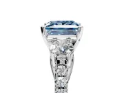 3 Stone Engagement Ring Setting for Fancy Blue Princess Cut Center with Crossover Basket, Pave Band and Prong Head in Platinum