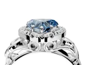 Halo Engagement Ring Setting for Fancy Blue Heart-Shaped Center with Open Scroll Shoulders and Prong Head in Sterling Silver