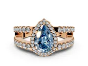 Halo Engagement Ring Setting for Fancy Blue Pear-Shaped Center with Wide-Open Pave Split Shank and Prong Head in Rose Gold