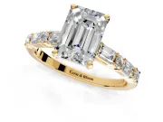 Baguette Engagement Ring Setting for Emerald Cut Center with Alternating Bar-Set Band and Prong Head in Yellow Gold