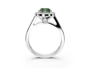 Halo Engagement Ring Setting for Fancy Green Cushion Cut Center with Outer Bezel Rim, Pave Band and Prong Head in White Gold
